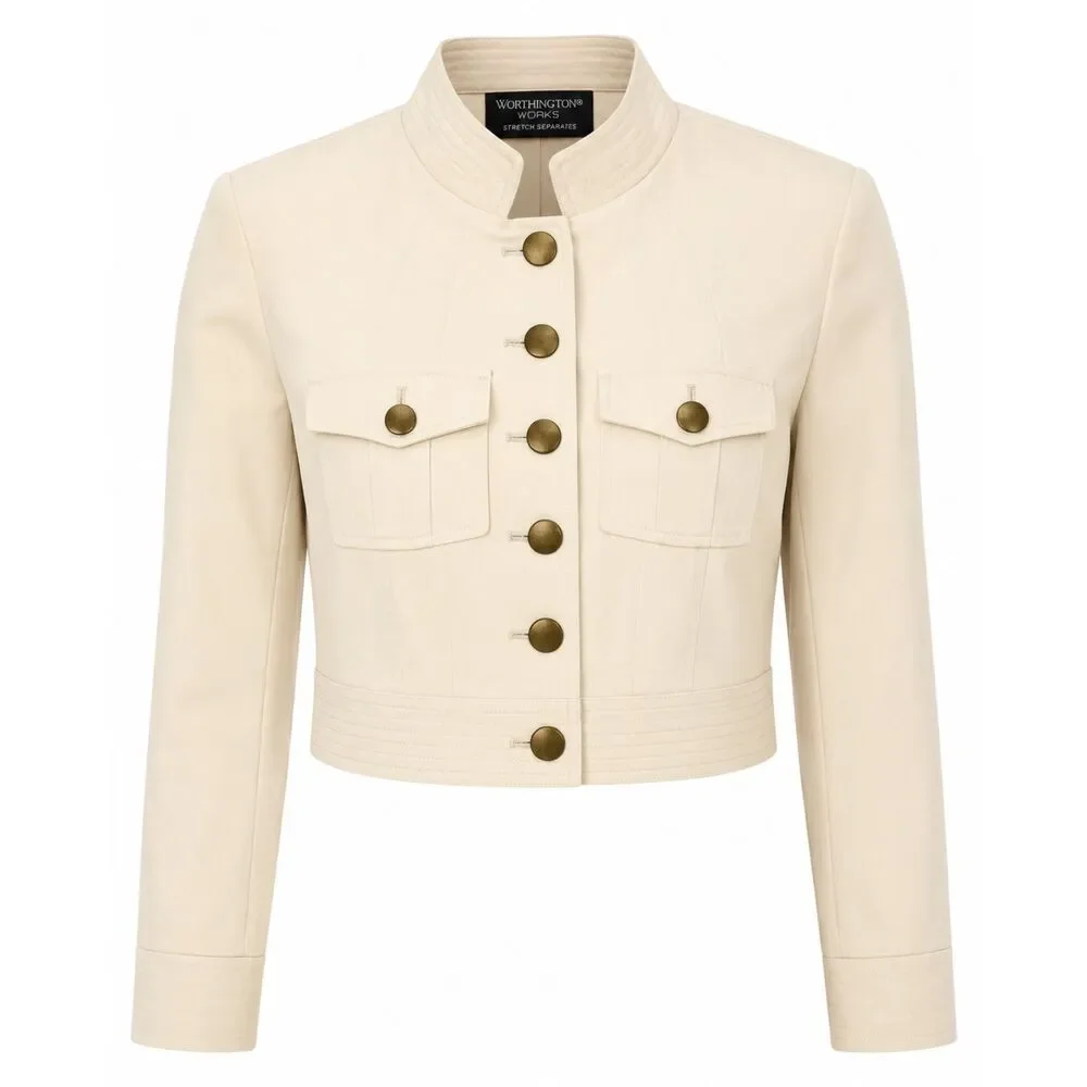 Worthington Works Cropped Military Jacket Women's Size 6 Ivory Stretch
